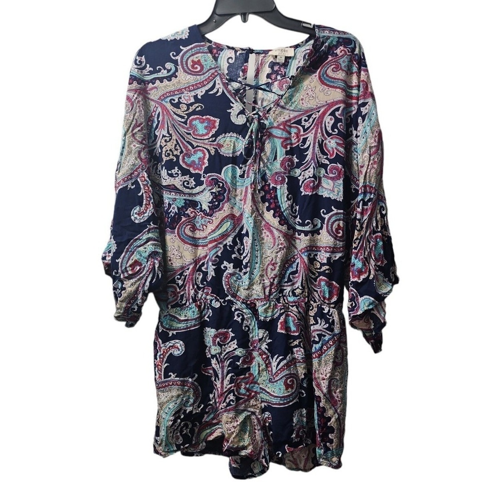 Umgee Paisley Print Romper Lace Up V‎ Neck Casual Boho Chic Size M